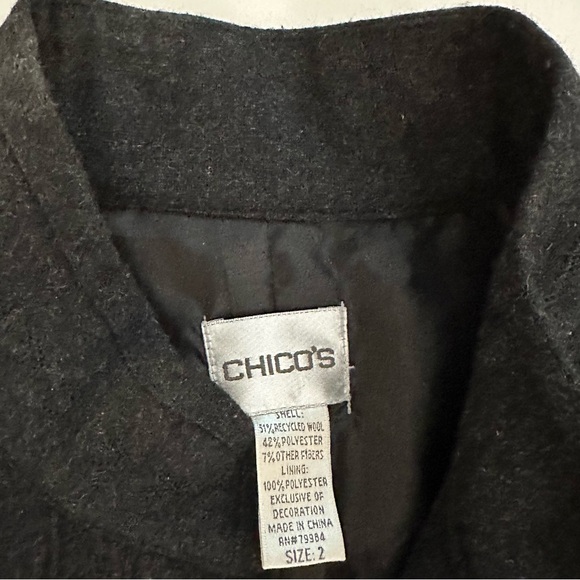 Chicos Womens Size 2 Large dark Grey Wool Jacket Embroidered Coat Recycled Wool - Picture 6 of 9